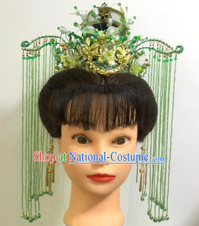 Chinese Peking Opera Actress Green Tassel Hair Crown Traditional Beijing Opera Hua Tan Phoenix Coronet Gezi Opera Princess Hair Accessories