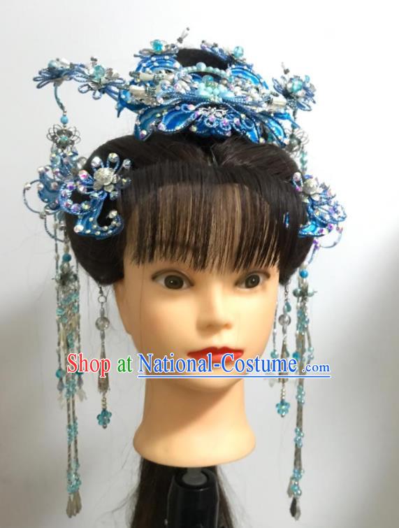 Chinese Traditional Beijing Opera Hua Tan Headdress Gezi Opera Princess Hair Accessories Peking Opera Diva Blue Hair Crown Complete Set