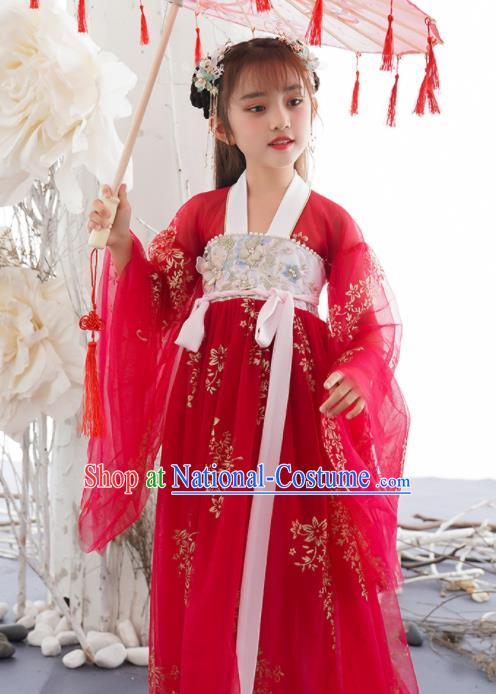 China Ancient Girl Princess Fashion Costumes Traditional Tang Dynasty Clothing Children Dance Red Hanfu Dress