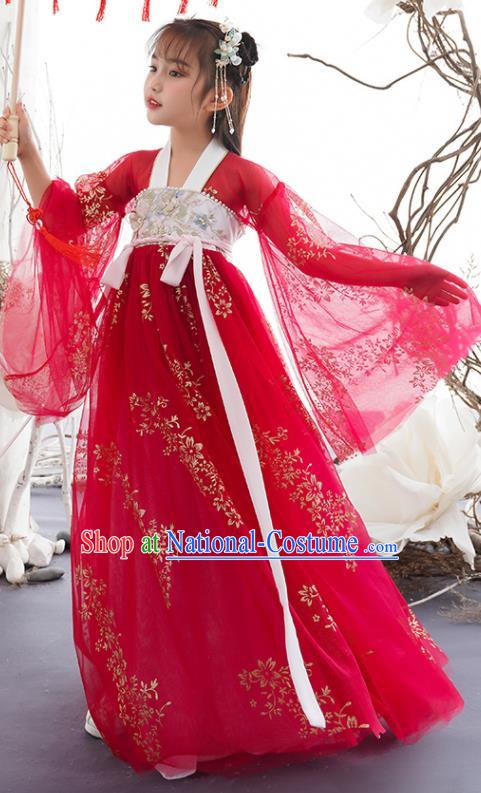 China Ancient Girl Princess Fashion Costumes Traditional Tang Dynasty Clothing Children Dance Red Hanfu Dress