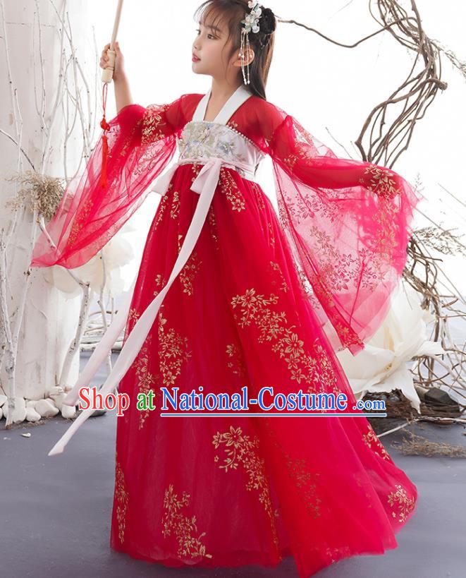 China Ancient Girl Princess Fashion Costumes Traditional Tang Dynasty Clothing Children Dance Red Hanfu Dress