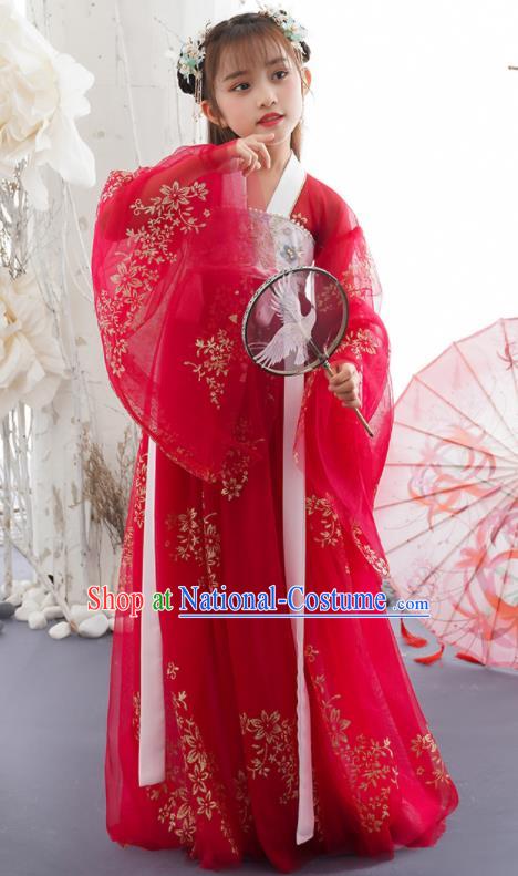 China Ancient Girl Princess Fashion Costumes Traditional Tang Dynasty Clothing Children Dance Red Hanfu Dress