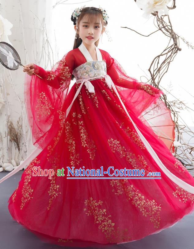 China Ancient Girl Princess Fashion Costumes Traditional Tang Dynasty Clothing Children Dance Red Hanfu Dress