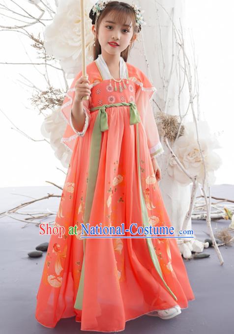 China Traditional Tang Dynasty Girls Clothing Children Dance Printing Fish Pink Hanfu Dress Ancient Princess Fashion Costumes