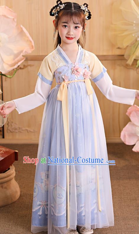 China Children Dance Blue Hanfu Dress Ancient Girls Fairy Fashion Costumes Traditional Tang Dynasty Kid Clothing