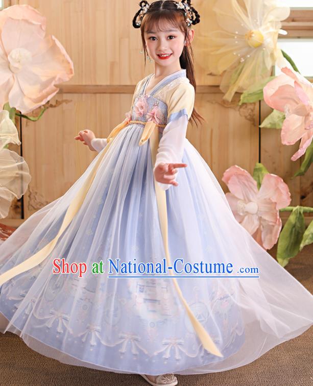 China Children Dance Blue Hanfu Dress Ancient Girls Fairy Fashion Costumes Traditional Tang Dynasty Kid Clothing