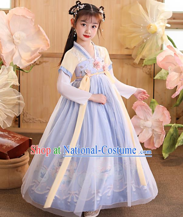 China Children Dance Blue Hanfu Dress Ancient Girls Fairy Fashion Costumes Traditional Tang Dynasty Kid Clothing