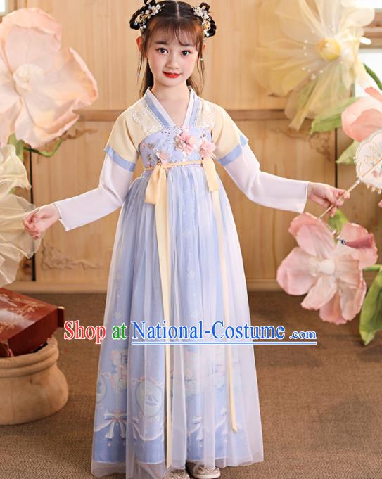 China Children Dance Blue Hanfu Dress Ancient Girls Fairy Fashion Costumes Traditional Tang Dynasty Kid Clothing