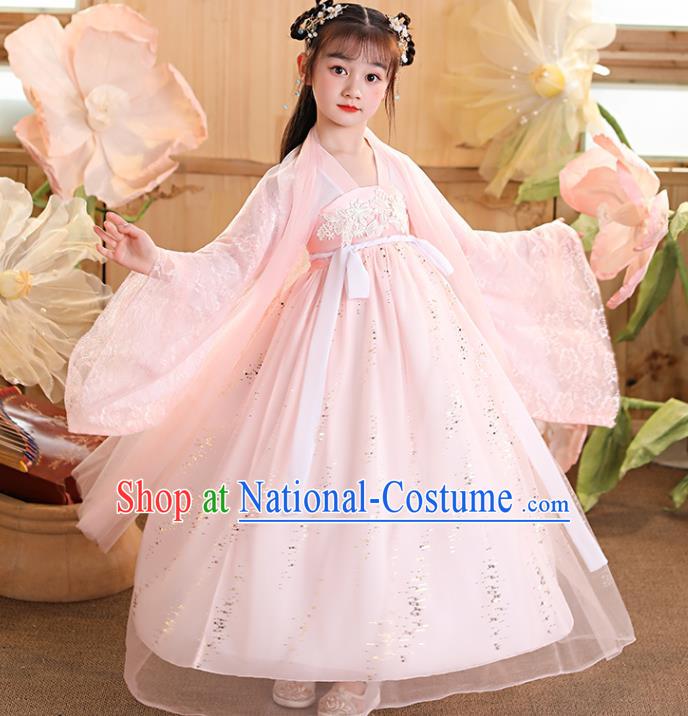 China Traditional Pink Hanfu Dress Tang Dynasty Girl Princess Clothing Children Stage Show Garment Costumes