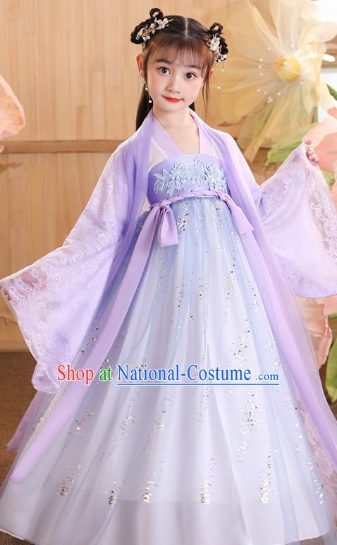 China Children Stage Show Garment Costumes Traditional Violet Hanfu Dress Tang Dynasty Girl Princess Clothing