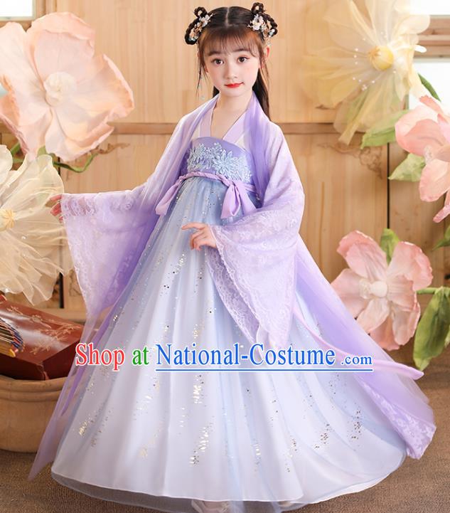 China Children Stage Show Garment Costumes Traditional Violet Hanfu Dress Tang Dynasty Girl Princess Clothing