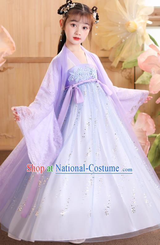 China Children Stage Show Garment Costumes Traditional Violet Hanfu Dress Tang Dynasty Girl Princess Clothing