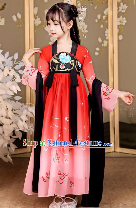 China Tang Dynasty Girl Princess Clothing Children Stage Show Garment Costumes Traditional Red Hanfu Dress