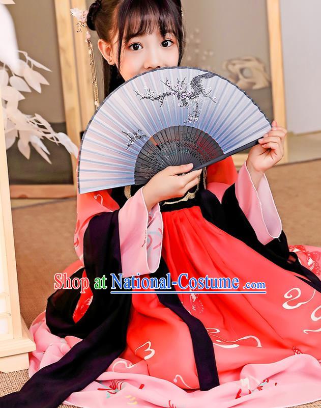 China Tang Dynasty Girl Princess Clothing Children Stage Show Garment Costumes Traditional Red Hanfu Dress