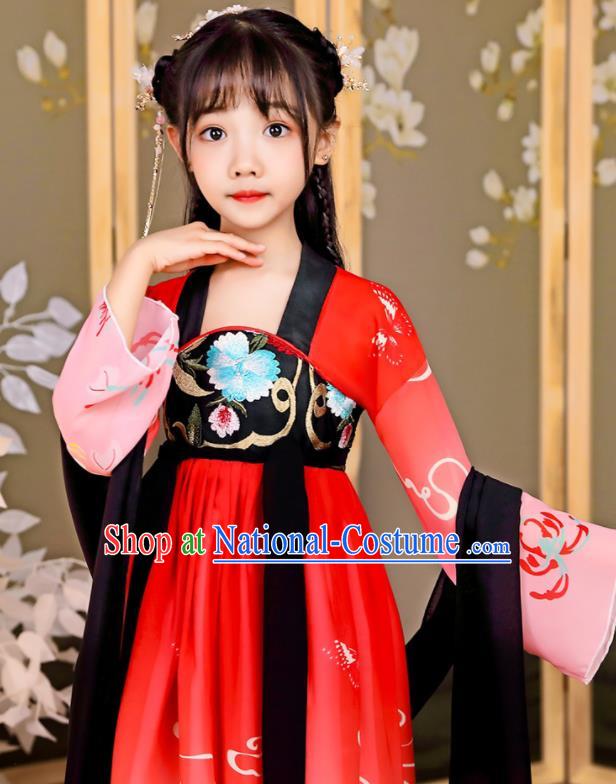 China Tang Dynasty Girl Princess Clothing Children Stage Show Garment Costumes Traditional Red Hanfu Dress