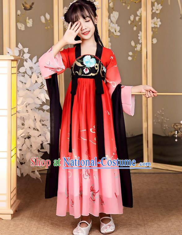 China Tang Dynasty Girl Princess Clothing Children Stage Show Garment Costumes Traditional Red Hanfu Dress