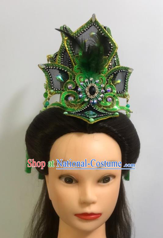 China Traditional Peking Opera Niche Headpiece Beijing Opera Xiaosheng Green Feather Hair Crown Fujian Gezi Opera Prince Headwear