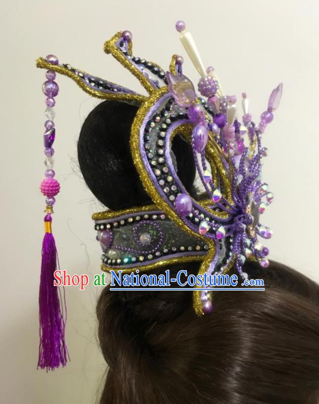 China Fujian Gezi Opera Prince Headwear Traditional Peking Opera Scholar Headpiece Beijing Opera Xiaosheng Purple Hair Crown