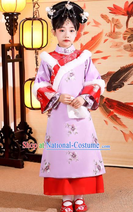 China Children Stage Show Winter Costumes Traditional Court Kid Violet Qipao Dress Qing Dynasty Girl Princess Clothing