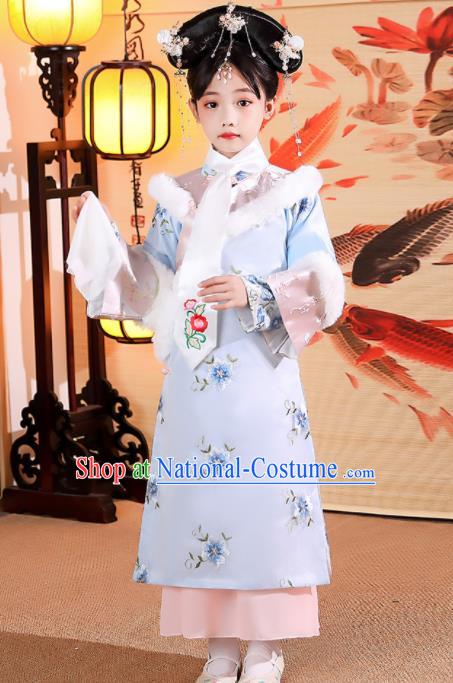 China Qing Dynasty Children Princess Clothing Girl Stage Show Winter Costumes Traditional Court Kid Embroidered Blue Qipao Dress