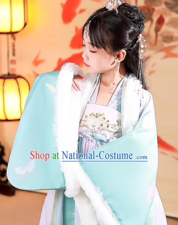 China Traditional Winter Kid Green Hanfu Dress Tang Dynasty Children Princess Clothing Girl Stage Show Costumes