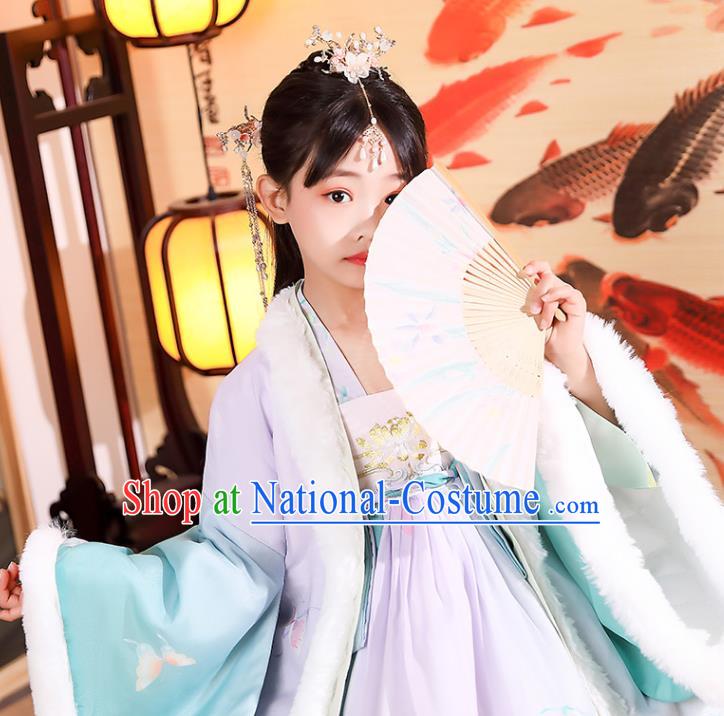 China Traditional Winter Kid Green Hanfu Dress Tang Dynasty Children Princess Clothing Girl Stage Show Costumes