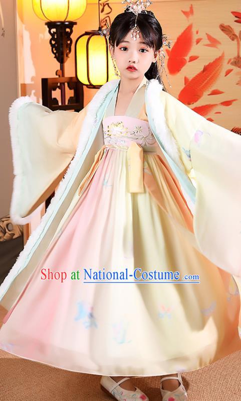 China Girl Stage Show Costumes Traditional Winter Kid Yellow Hanfu Dress Tang Dynasty Children Princess Clothing