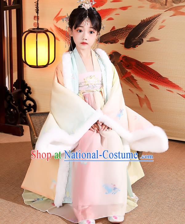 China Girl Stage Show Costumes Traditional Winter Kid Yellow Hanfu Dress Tang Dynasty Children Princess Clothing