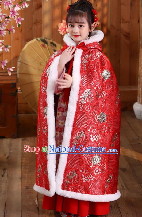 China Ming Dynasty Children Princess Clothing Girl Stage Show Cloak Costume Traditional Winter Red Hanfu Cape