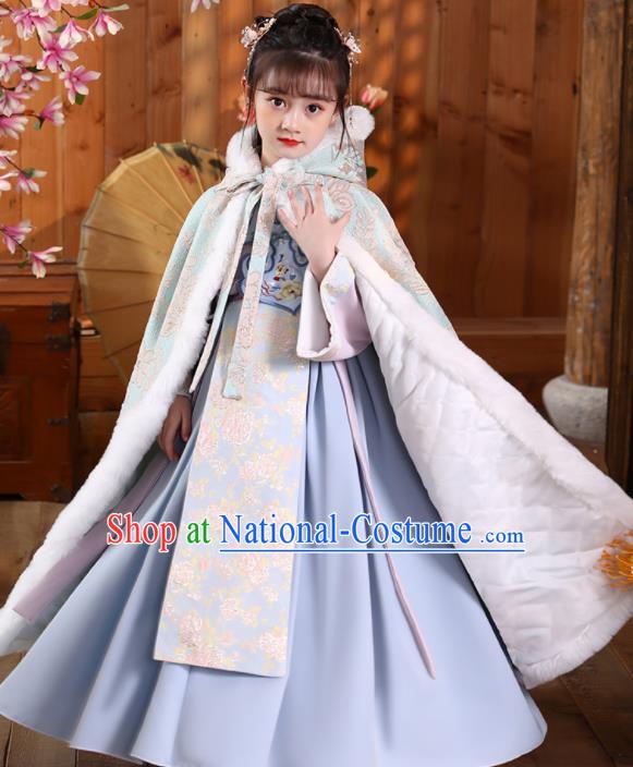 China Traditional Winter Light Green Hanfu Cape Ming Dynasty Children Princess Clothing Girl Stage Show Cloak Costume