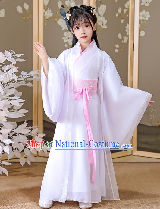 China Jin Dynasty Princess Clothing Ancient Children Fairy Costumes Traditional Girl Stage Show White Hanfu Dress