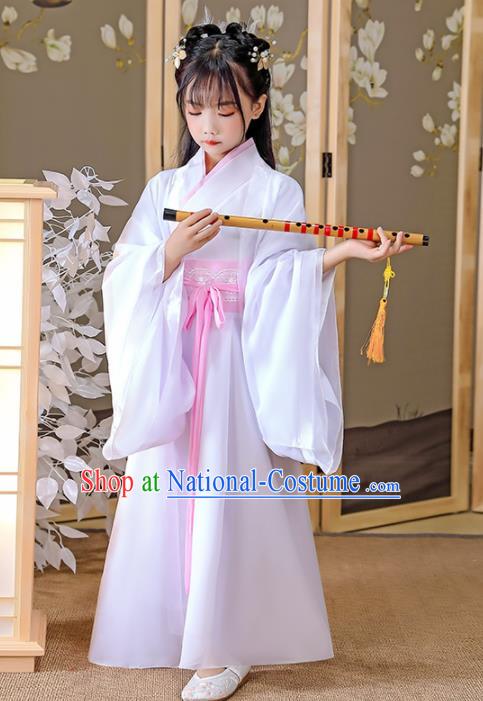 China Jin Dynasty Princess Clothing Ancient Children Fairy Costumes Traditional Girl Stage Show White Hanfu Dress