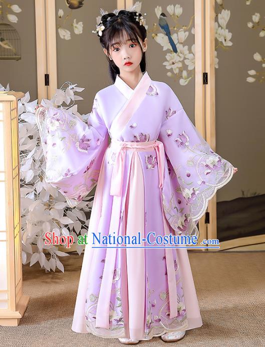 China Traditional Girl Stage Show Violet Hanfu Dress Jin Dynasty Princess Clothing Ancient Children Fairy Embroidered Costumes