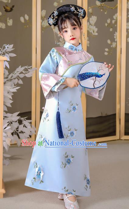 China Ancient Children Costumes Traditional Stage Show Blue Qipao Dress Qing Dynasty Girl Princess Clothing