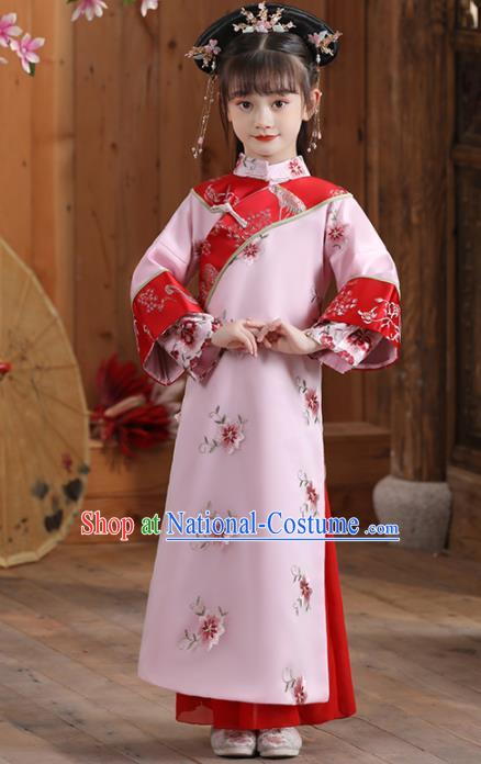 China Qing Dynasty Girl Princess Clothing Ancient Children Costumes Traditional Stage Show Pink Qipao Dress