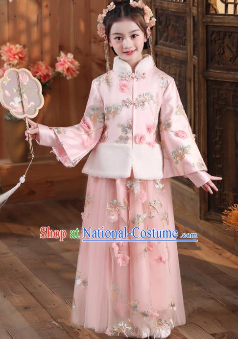 China Traditional New Year Pink Hanfu Dress Ming Dynasty Girl Clothing Children Stage Show Tang Suits