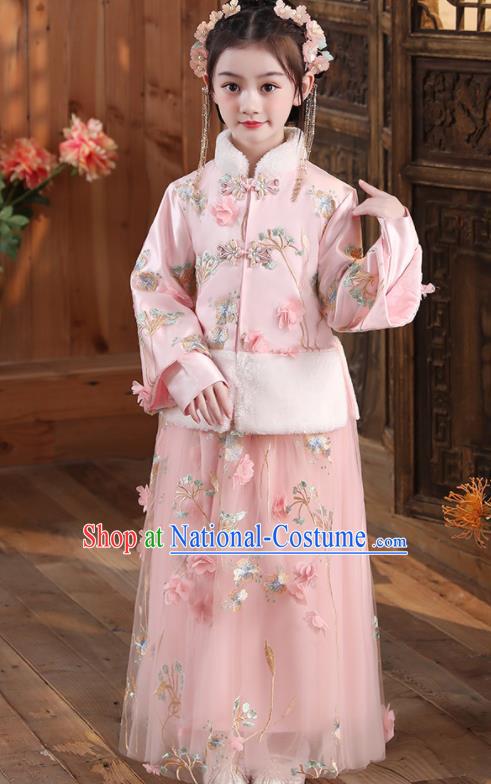 China Traditional New Year Pink Hanfu Dress Ming Dynasty Girl Clothing Children Stage Show Tang Suits