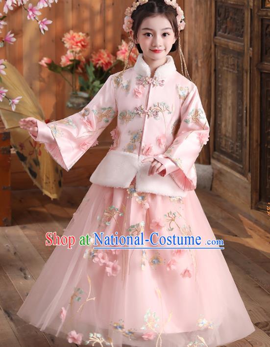 China Traditional New Year Pink Hanfu Dress Ming Dynasty Girl Clothing Children Stage Show Tang Suits