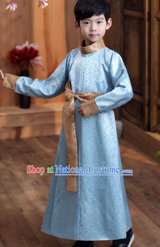 Chinese Qing Dynasty Boys Prince Clothing Traditional Stage Performance Costume Ancient Children Childe Blue Robe