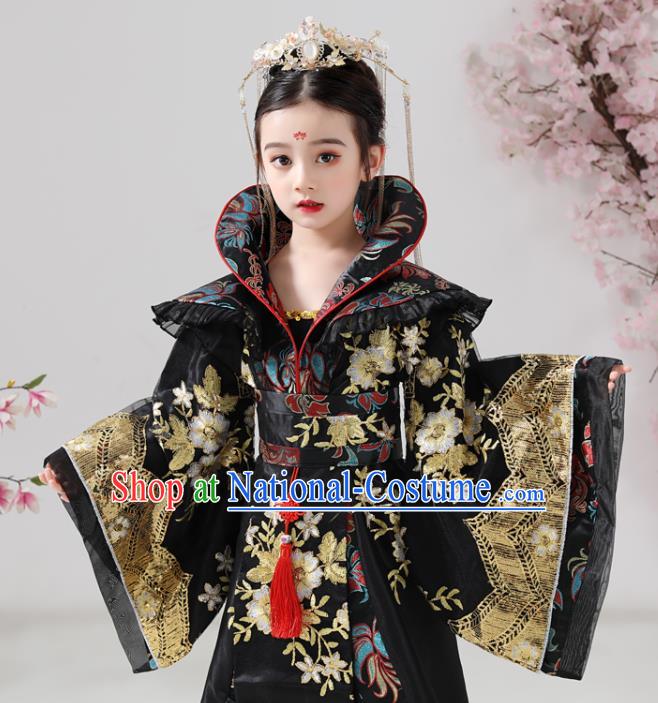 China Tang Dynasty Girl Empress Clothing Ancient Children Costumes Traditional Stage Show Queen Black Hanfu Dress