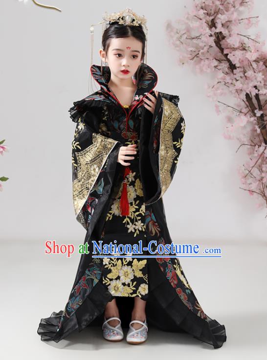 China Tang Dynasty Girl Empress Clothing Ancient Children Costumes Traditional Stage Show Queen Black Hanfu Dress