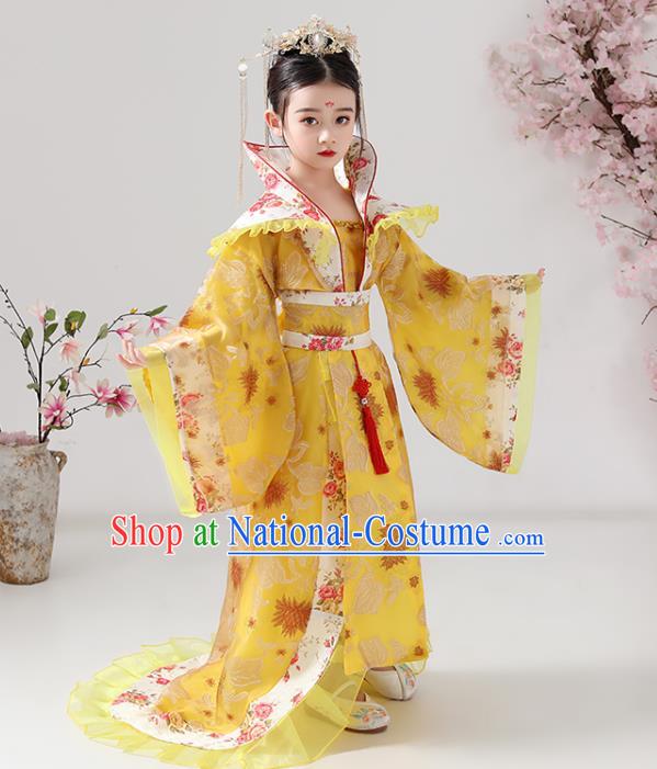 China Traditional Stage Show Queen Yellow Hanfu Dress Tang Dynasty Girl Empress Clothing Ancient Children Costumes