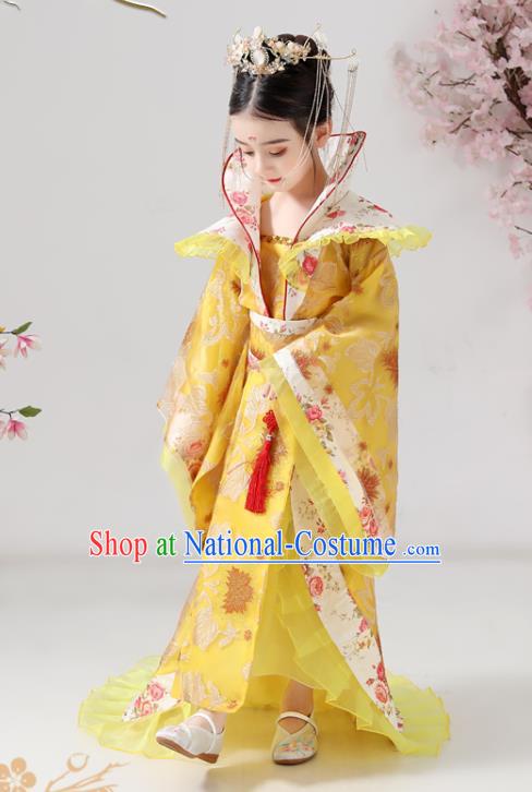 China Traditional Stage Show Queen Yellow Hanfu Dress Tang Dynasty Girl Empress Clothing Ancient Children Costumes