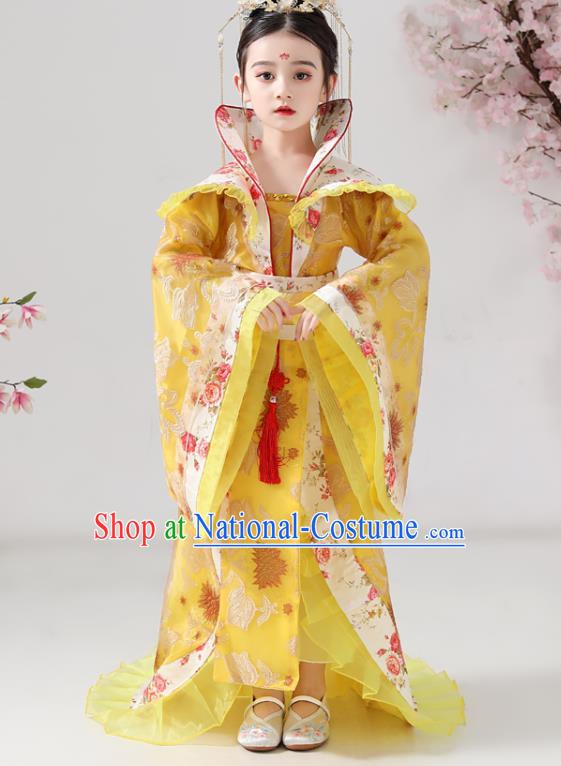 China Traditional Stage Show Queen Yellow Hanfu Dress Tang Dynasty Girl Empress Clothing Ancient Children Costumes