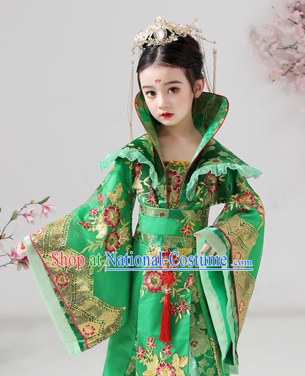 China Ancient Children Costumes Traditional Stage Show Queen Green Hanfu Dress Tang Dynasty Girl Empress Clothing