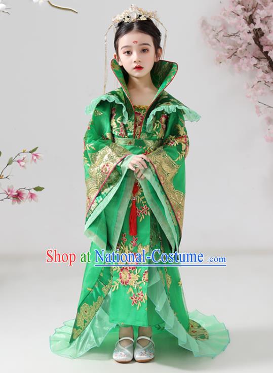 China Ancient Children Costumes Traditional Stage Show Queen Green Hanfu Dress Tang Dynasty Girl Empress Clothing