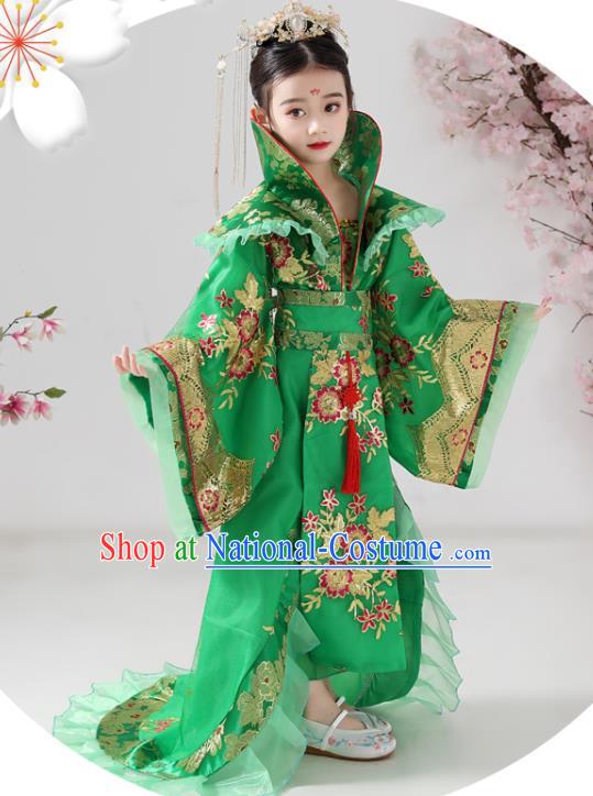 China Ancient Children Costumes Traditional Stage Show Queen Green Hanfu Dress Tang Dynasty Girl Empress Clothing