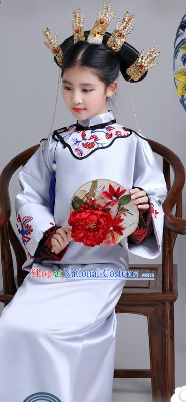 China Ancient Imperial Consort Garment Costume Traditional Stage Show Girl Grey Qipao Dress Qing Dynasty Children Princess Clothing