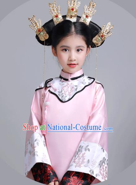 China Ancient Children Princess Garment Costume Traditional Stage Show Girl Pink Qipao Dress Qing Dynasty Imperial Consort Clothing