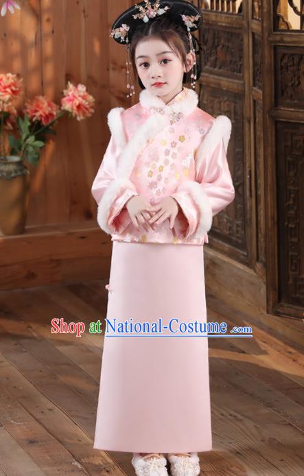 China Children Stage Show Cheongsam Traditional Court Pink Qipao Dress Qing Dynasty Girl Princess Clothing